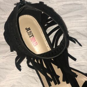 Black fringe wedge sandals